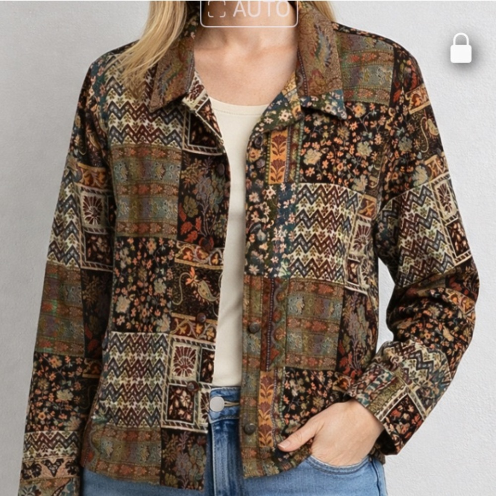Tapestry Multicolor Jacket By Coldwater Creek Patchwork Fabric Button Front LP